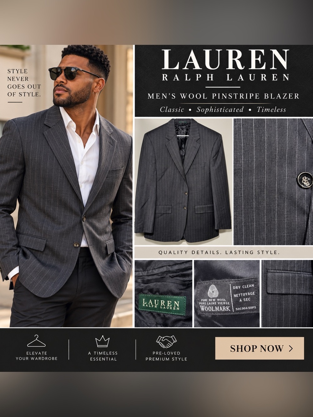 Lauren Ralph Lauren Men’s Gray Pinstripe Wool Blazer size 44R